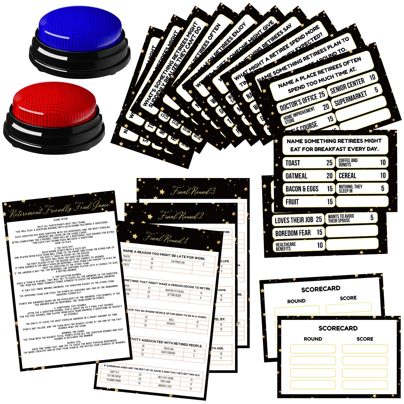 Photo 1 of Humyoun 20 Pcs Retirement Friendly Feud Game Set Retirement Party Game Trivia Quiz with 18 Card 2 Buzzer for Adults Family Games Activities Party Supplies, Battery Not Included
