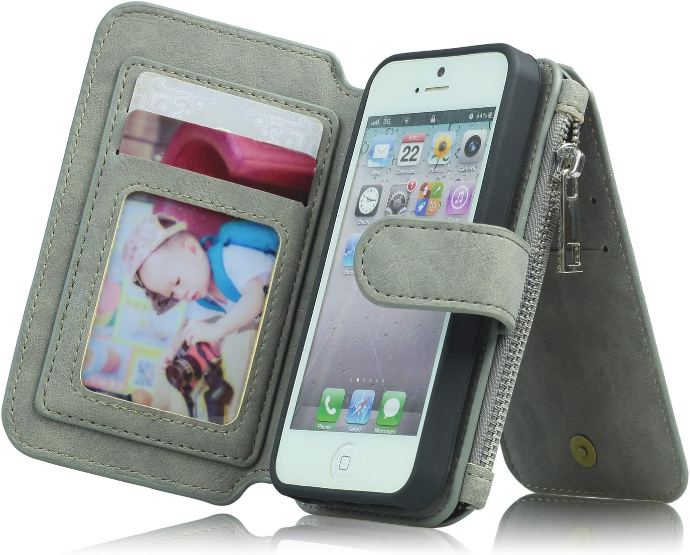 For iPhone 5/5s 5se Wallet Case, MEGSHI Premium Zipper Wallet Leather Detachable Magnetic Case Purse Clutch Removable Case Card Slots Flip Credit Cover for iPhone 5/5s 5se 4 inch (Grey)