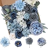 Floweroyal Artificial Flowers Combo Dusty Blue Flowers Mix Silk Flowers Dahlia Roses with Stems for DIY Wedding Bridal Bouquets, Baby Shower, Floral Arrangement, Table Centerpieces, Home Decorations.