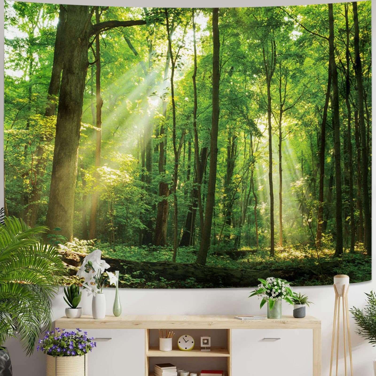 Skcess Forest Green Tapestry Wall Art - Landscape Tree Sunrise - Bedroom & Living Room Decor - 300 x 260 cm