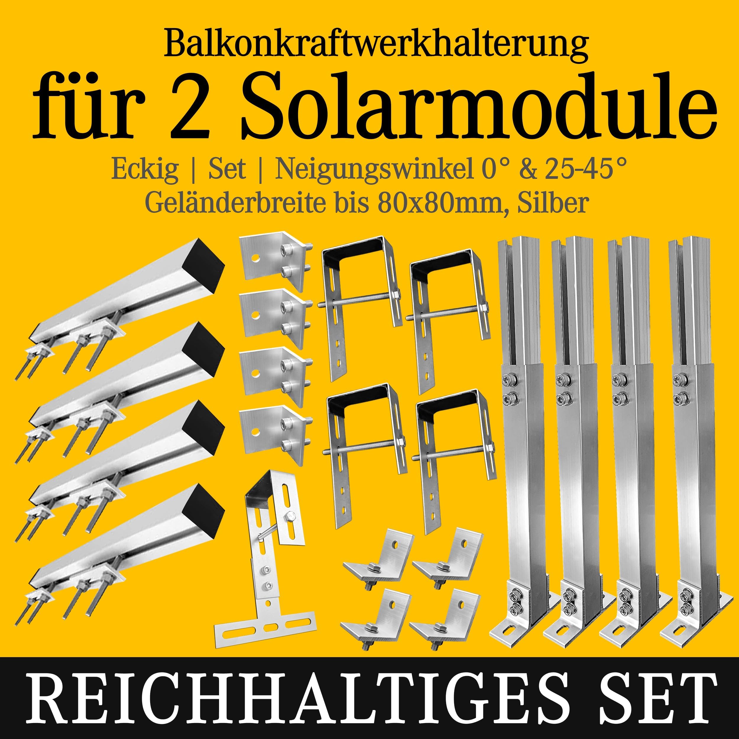 Balkonkraftwerk Halterung Geländer Befestigung für 2 Solarmodule und ein Wechselrichter Photovoltaik | ECKIG | Set | Neigungswinkel 0° & 25-45°| Durchmesser bis 80mm, Silber PV 6
