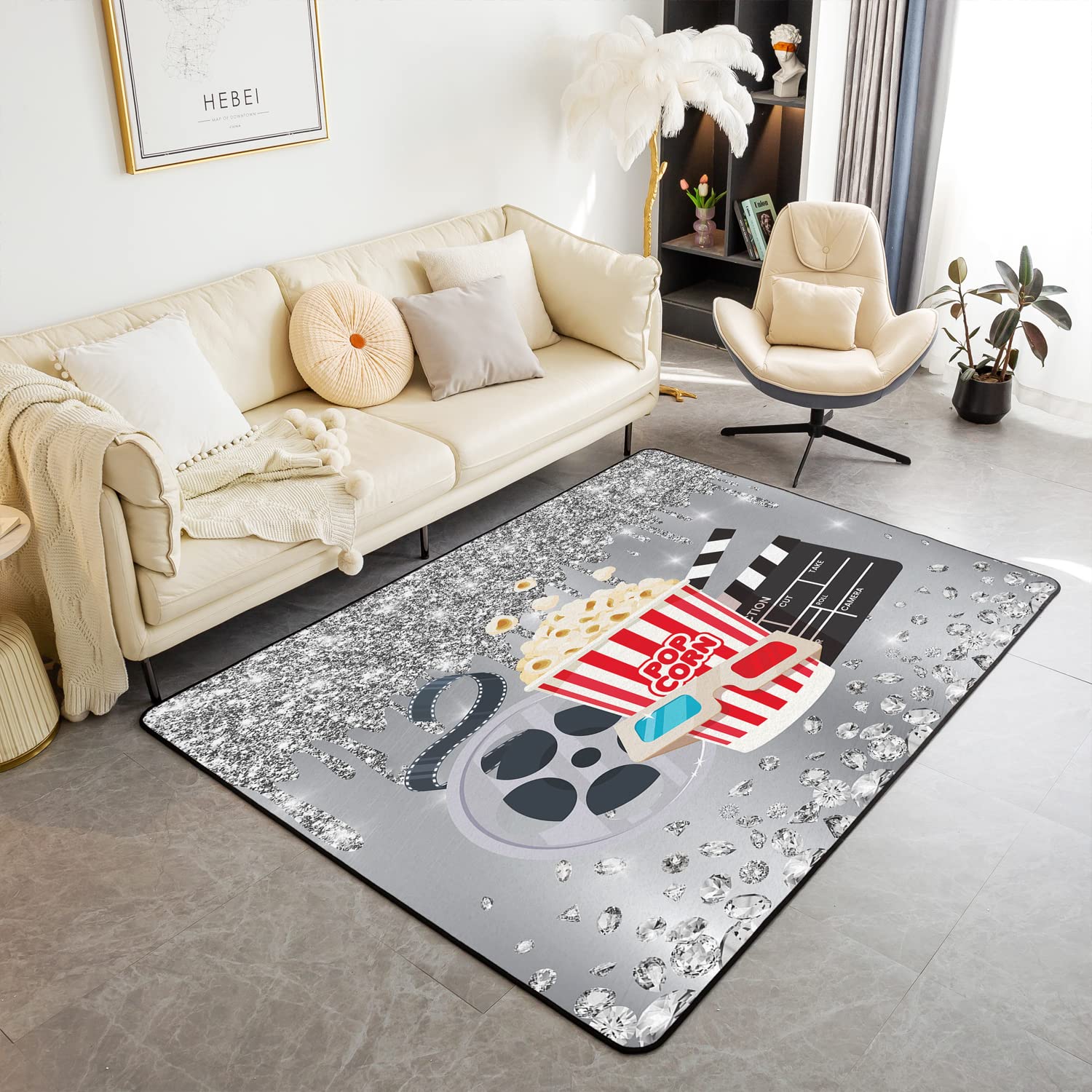 Loussiesd Movie Theater Decor Carpet, Area Rug 100x150cm Movie Night Comforter Cover Set for Popcorn Glitter Diamond Living Room Rugs Non-Slip Home Theater