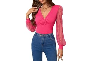Fayenne Womens Sexy Tops V Neck Twist Knot Front Date Night Outfits Y2K Going Out Top Mesh Polka Dot Long Sleeve Trendy Tops