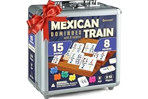 Queensell Mexican Train Dominoes Set Double 15 with Numbers - Dominoes Set for Adults and Family �C 136 Tiles, 9 Trains, Woode
