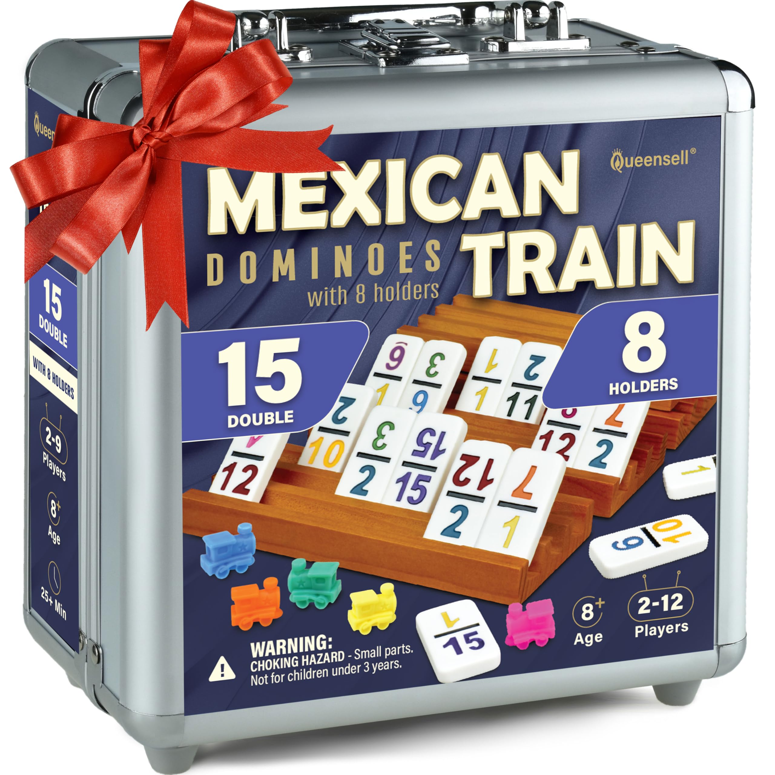 Photo 1 of Queensell Mexican Train Dominoes Set Double 15 with Numbers - Dominoes Set for Adults and Family – 136 Tiles, 9 Trains, Wooden Hub, 8 Tile Holders, Aluminum Case (D15 Numbers + 8 Holders)