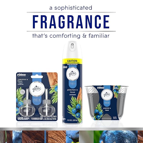GLADE PLUGINS REFILLS AIR FRESHENER, SCENTED AND ESSENTIAL OILS FOR HOME AND BATHROOM, JUNIPER & TEAK, FRESH COLLECTION 1.34 FL OZ, 2 COUNT