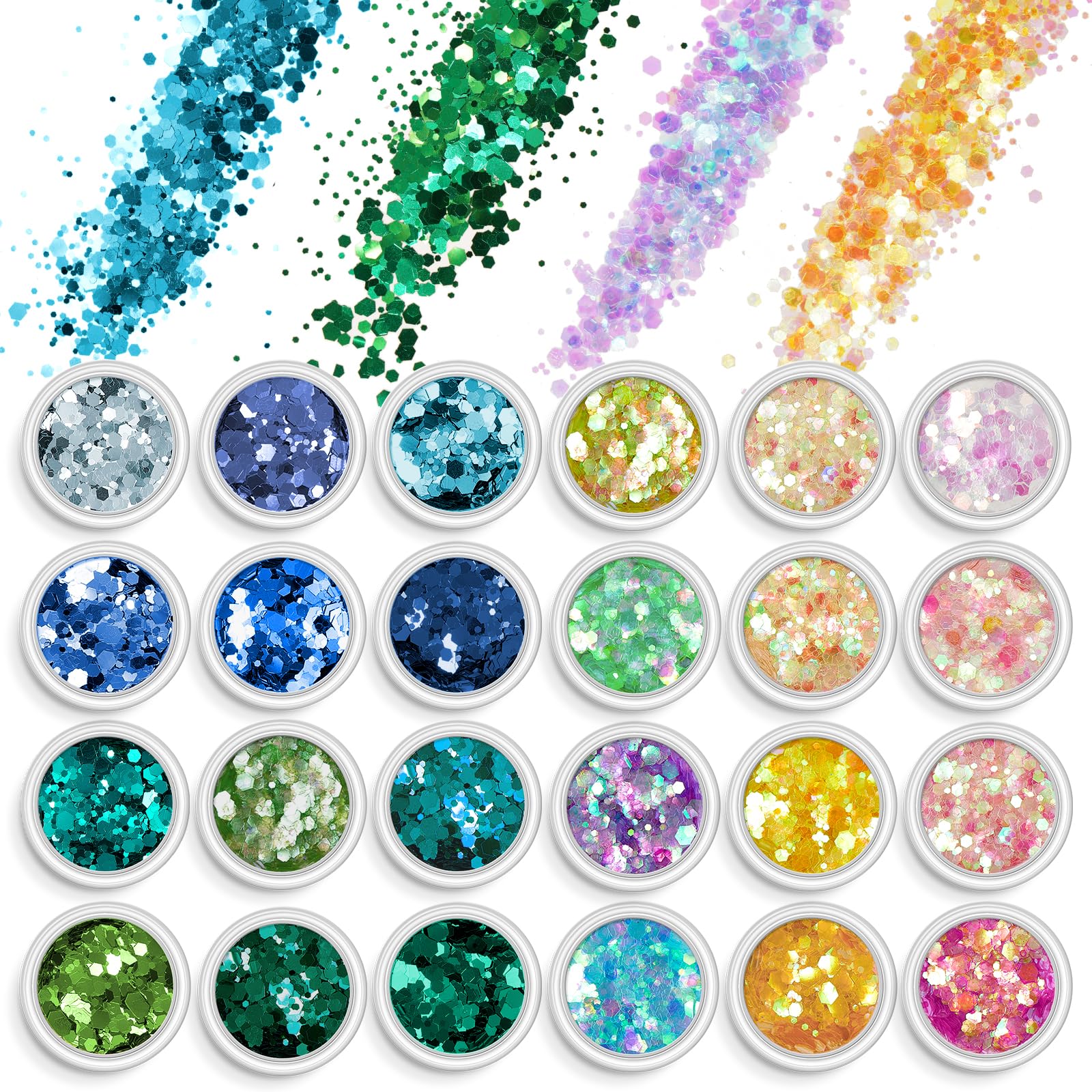 AOOWU Chunky Glitter, 24 Colors 3D Nail Glitter Sequins for Nail Art Decoration, Festival Nail Glitter Powder, Holographic Cosmetic Glitter for Face Body Eye Hair Nail and DIY Art(06＆09)