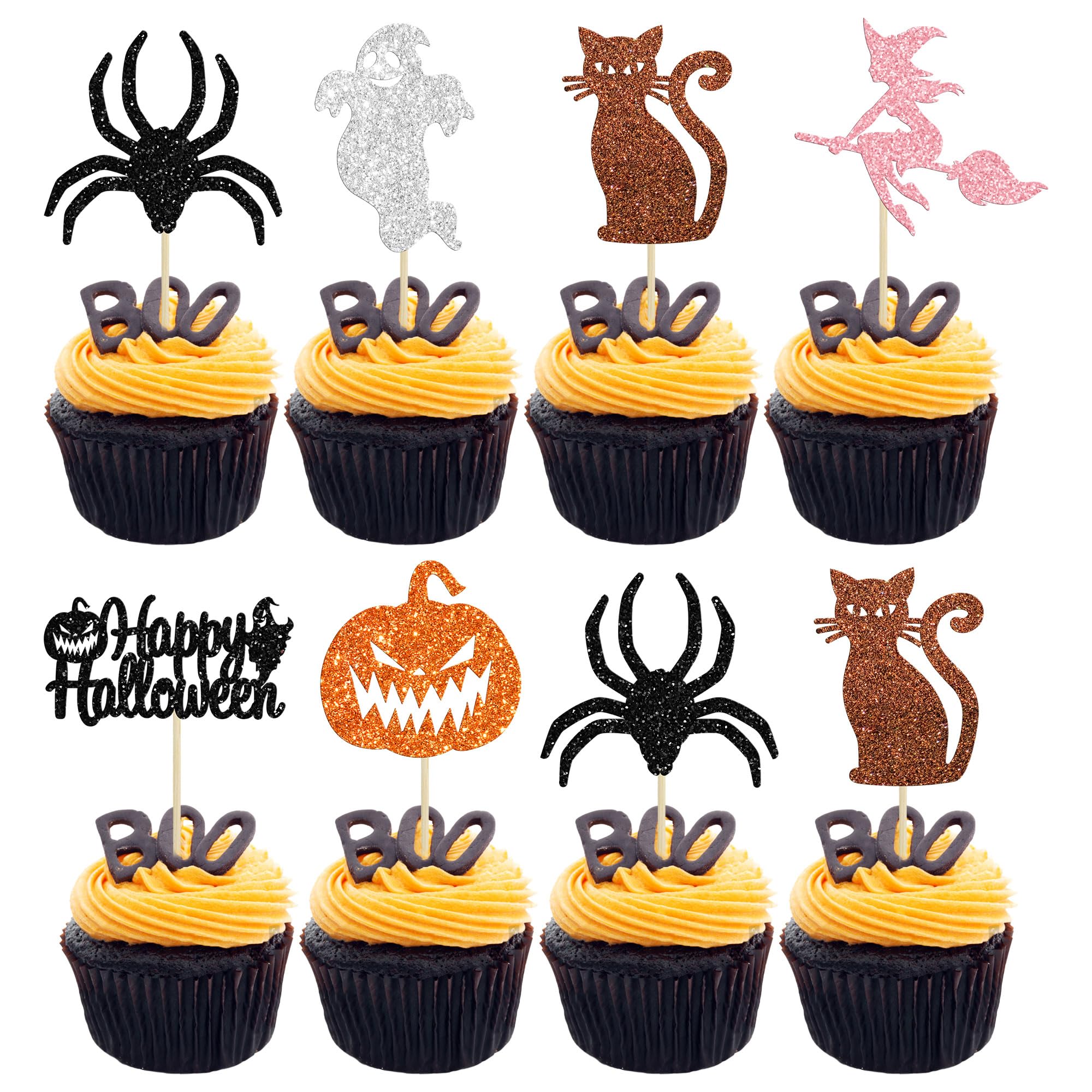 Gyufise 36Pcs Happy Halloween Cupcake Toppers with Pumpkin Ghost Witch Spider Hat Bat Cat Cake Picks for Kids Halloween Themed Birthday Party Decorations