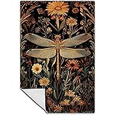 Exqcom Moody Dragonfly Floral Kitchen Towels, Dark Cottagecore Botanical Flower Hand Towels for Bathroom Kitchen, Vintage Rustic Dragonfly Decorative Dish Towels Drying Cloth, 16x24 Inch
