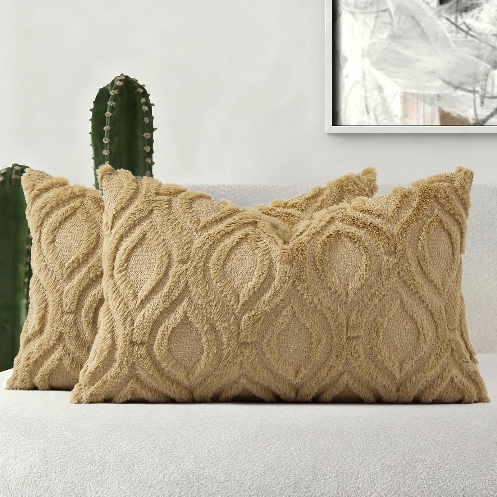 decorUhome Set of 2 Faux Fur Cushion Covers 30x50 cm, Decorative Soft Plush Fluffy Velvet Cushion Cover 12X20 Inch, Rectangle Boho Neutral Pillow Case for Sofa, Taupe — image 1