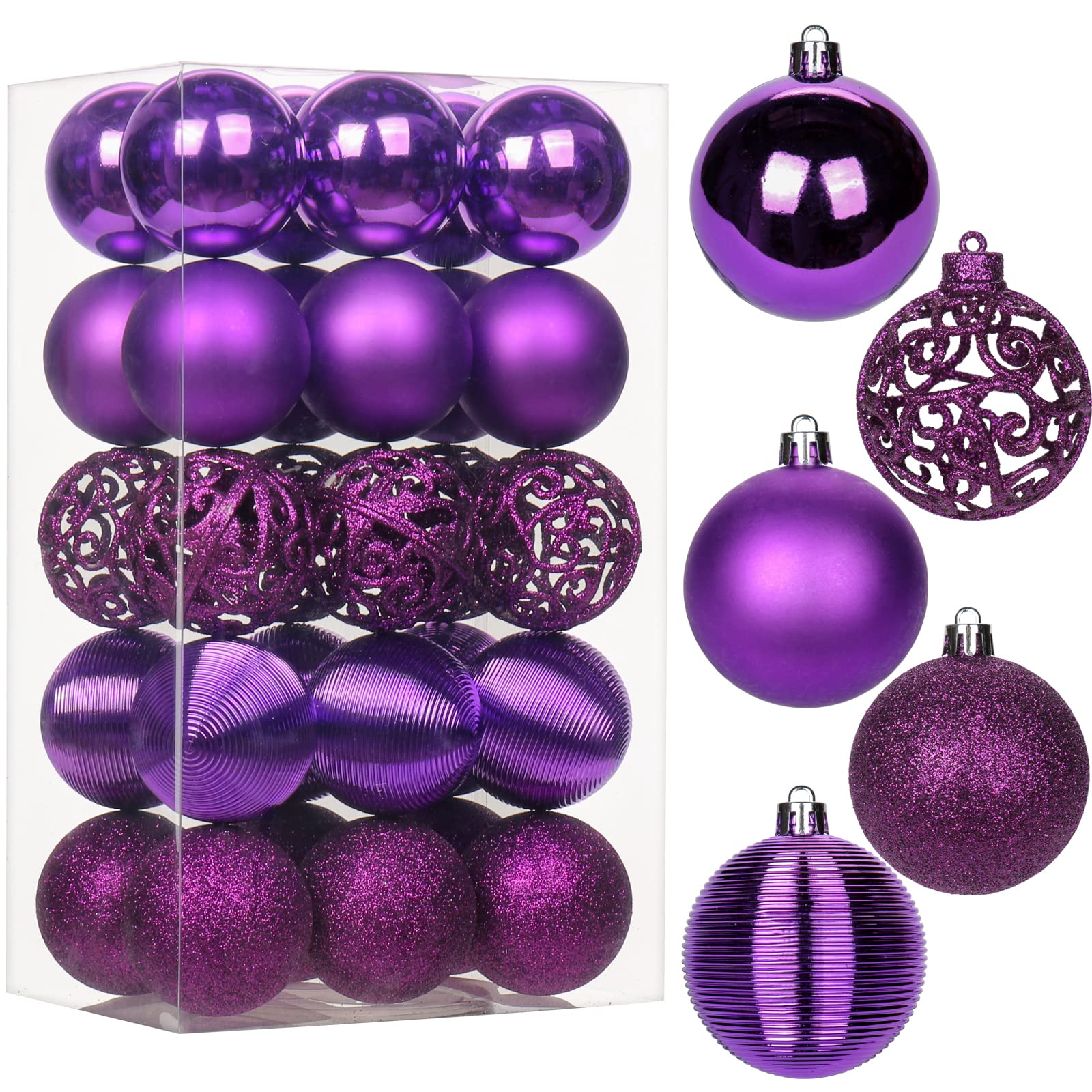 30 pcs Christmas Baubles Xmas Ball Ornaments with Strings, 60mm/2.4" Purple Shatterproof Plastic Hanging Decorations, Christmas Tree Pendants for Home Party Wedding Holiday