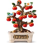 Feng Shui Persimmon Tree Statue Artificial Bonsai Fortune Plant with Lucky Bird - Resin Wealth Decor Desk Ornament Good Luck Housewarming Gifts for Home Office Lunar New Year