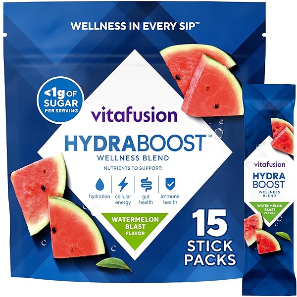 VITAFUSION HYDRABOOST DRINK POWDER PACKETS, ELECTROLYTES SUPPORT DAILY HYDRATION, VITAMINS SUPPORT CELLULAR ENERGY & IMMUNE HEALTH, PREBIOTIC FIBER SUPPORTS GUT HEALTH, WATERMELON BLAST, 15 STICKS
