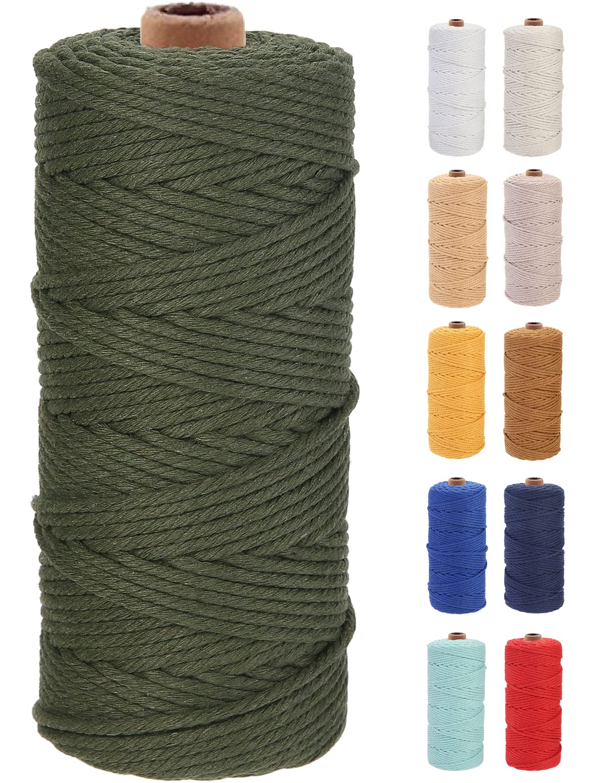 GOHOF Macrame Cord 3mm x 100m Premium Cotton Macrame Rope, 4 Strand Twisted Soft Cotton Cord, Perfect for Macrame Art, Olive Green — image 1