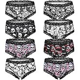 SYVIN Women 8pcs Cute Halloween Allover Skull Print Hipster Panties, Lace Trims Low Rise Bikini Comfortable Underwear