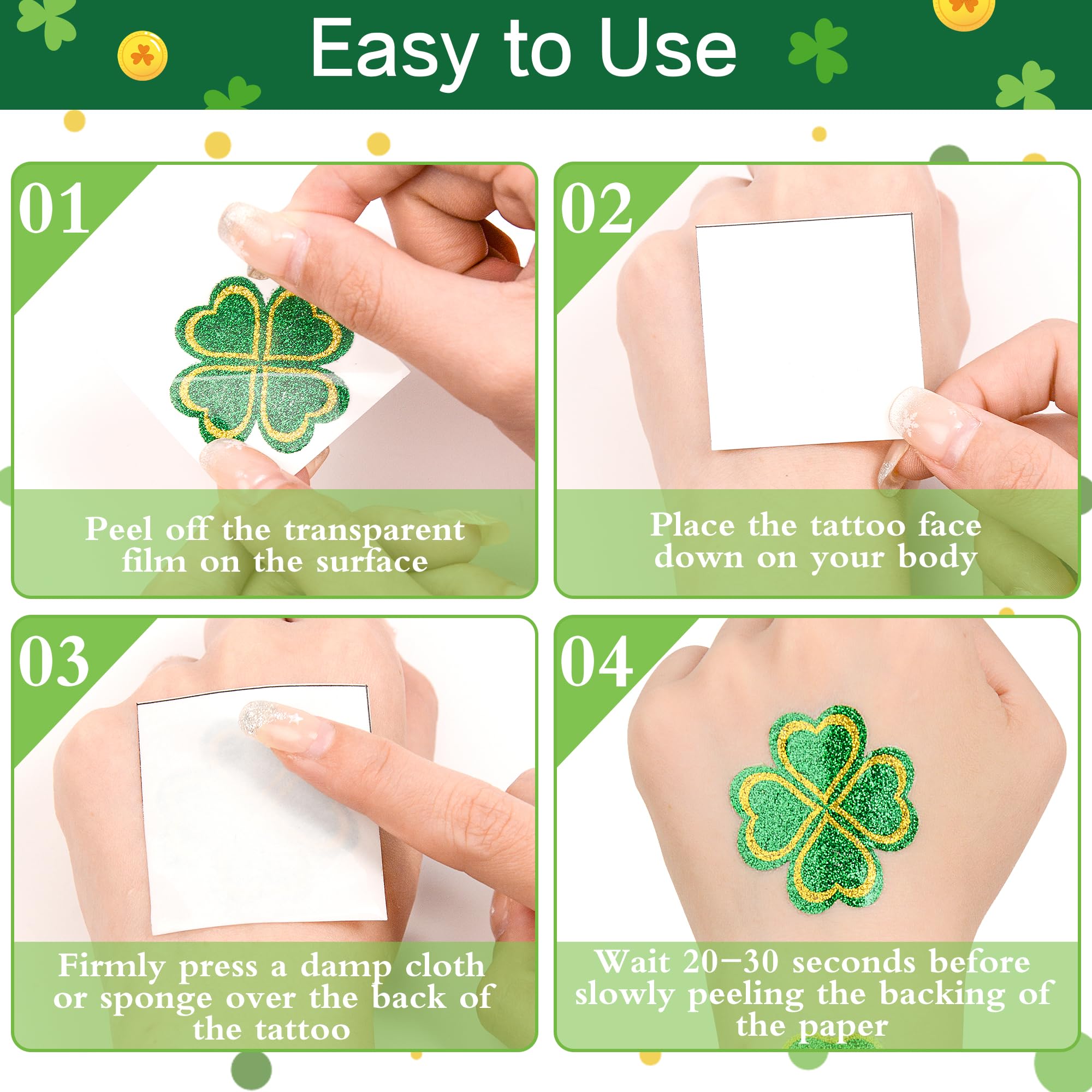 Itscolofy 30 Pcs Glitter St. Patrick's Day Tattoos, St Patricks Day Accessories, St Patricks Day Stickers, Saint Patricks Day Irish Leaf Shamrock Temporary Tattoo Sticker for Body Face, Party Favors Decoration