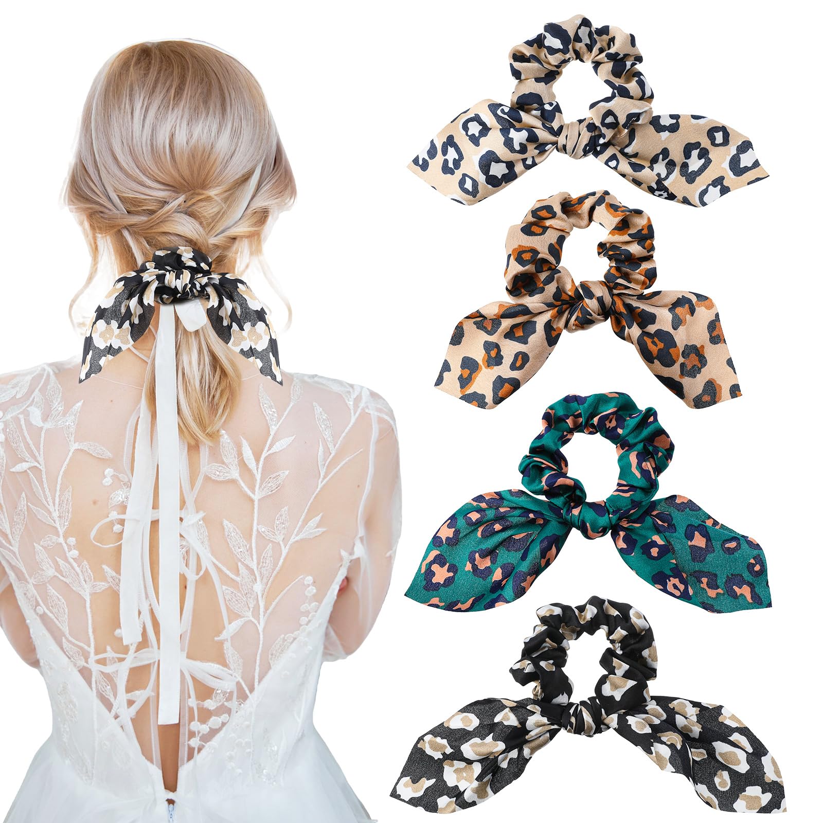 Mabor 4 Pcs Leopard Hair Scarf Scrunchies Bow Scrunchie For Women Hair Ribbon Bow Scrunchies Long Elastic Bands Rope Scrunchy Soft Ponytail Holders for Women Girls
