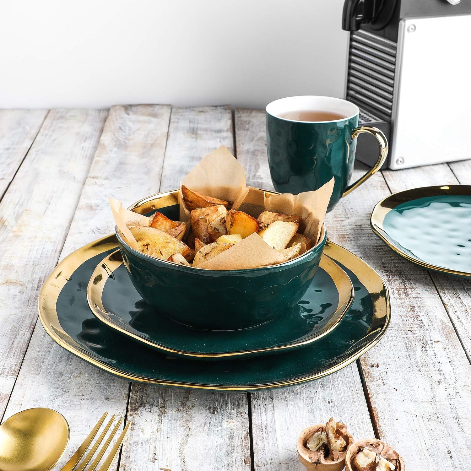  | Stone Lain Gold Halo Porcelain Dinnerware Set, Service For 4, Green: Dinnerware Sets