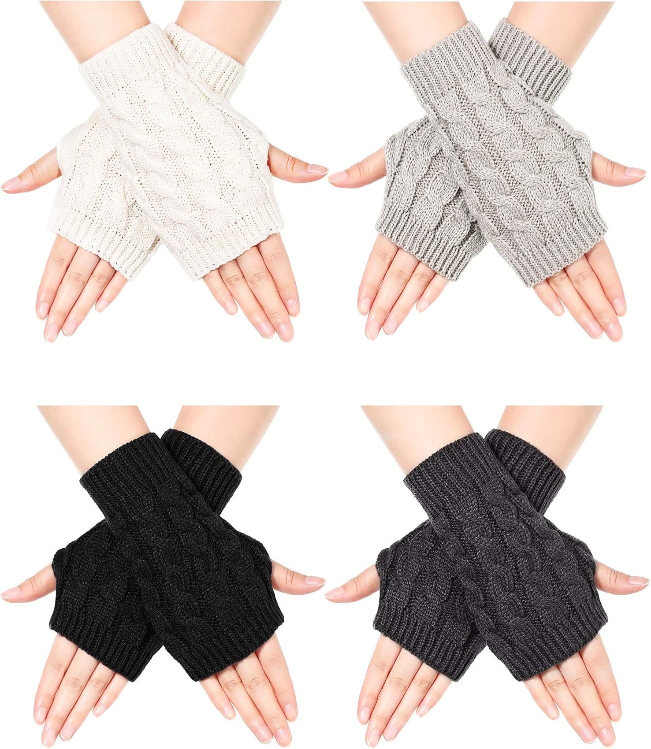 4 Pair Fingerless Thumb Hole Gloves Winter Knit Arm Warmer Mitten for Women (Black, White, Dark Grey, Light Grey) at  Women’s Clothing store