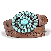 FALETO Women's Western Belt Turquoise Buckle Vintage Embossed Leather Belt for Cowgirl Jeans Dress Rodeo Country Concert