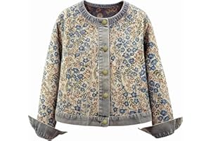 Women's Floral Denim Bomber Jacket Long Sleeve Round Neck Jacquard Vintage Jean Outerwear