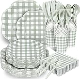 Houuqe 400 Pcs Gingham Party Supplies for 50 Guests Sage Green and White Scalloped Paper Plates and Napkins Knives Spoons Forks Cups Disposable Checkered Dinner Party Set for BBQ Baby Shower Wedding