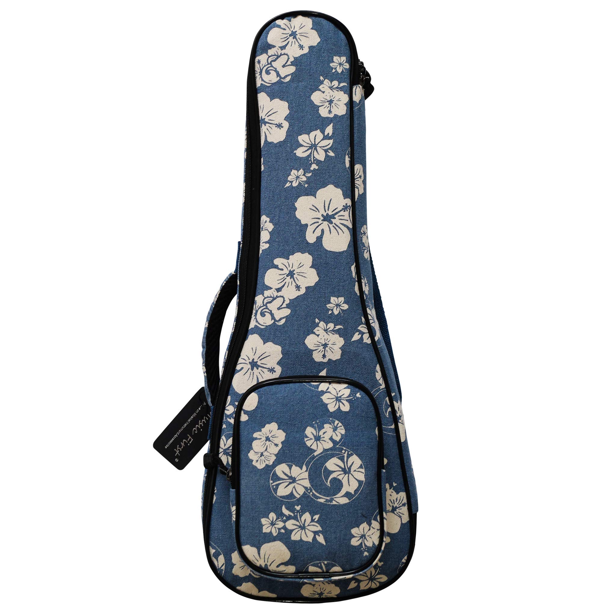 MUSIC FIRST Original Design 0.5" Thick Padded Hawaii Style “Blue and White Plumeria” Canvas Ukulele Case, Ukulele Bag, Ukulele Cover, Salute ELVIS (Fit for 21 inch Soprano Ukulele)