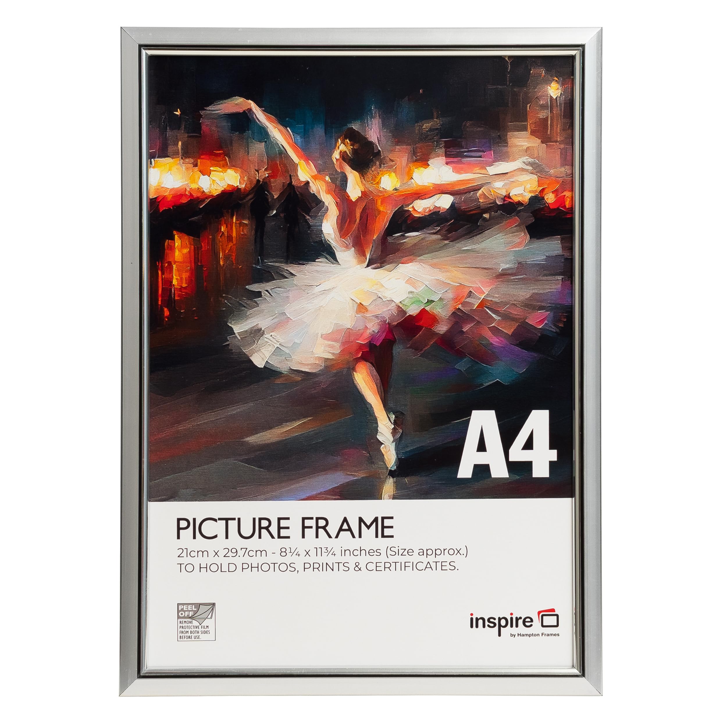 inspire by Hampton Frames | Picture Poster Frame | A4 (21x30cm), Silver, Plastic, Foil Wrapped | Acrylic Non-Glass Front, Wall Mount or Freestanding, Drop-In Back | For Photo or Certificate Display