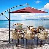 GarveeLife 10 ft Outdoor Offset Umbrella with Cross Base, Fade Resistant Canopy Large Patio Umbrella with Infinite Tilt and Crank Lift for Deck Pool Garden Backyard, Tan (Wine Red)