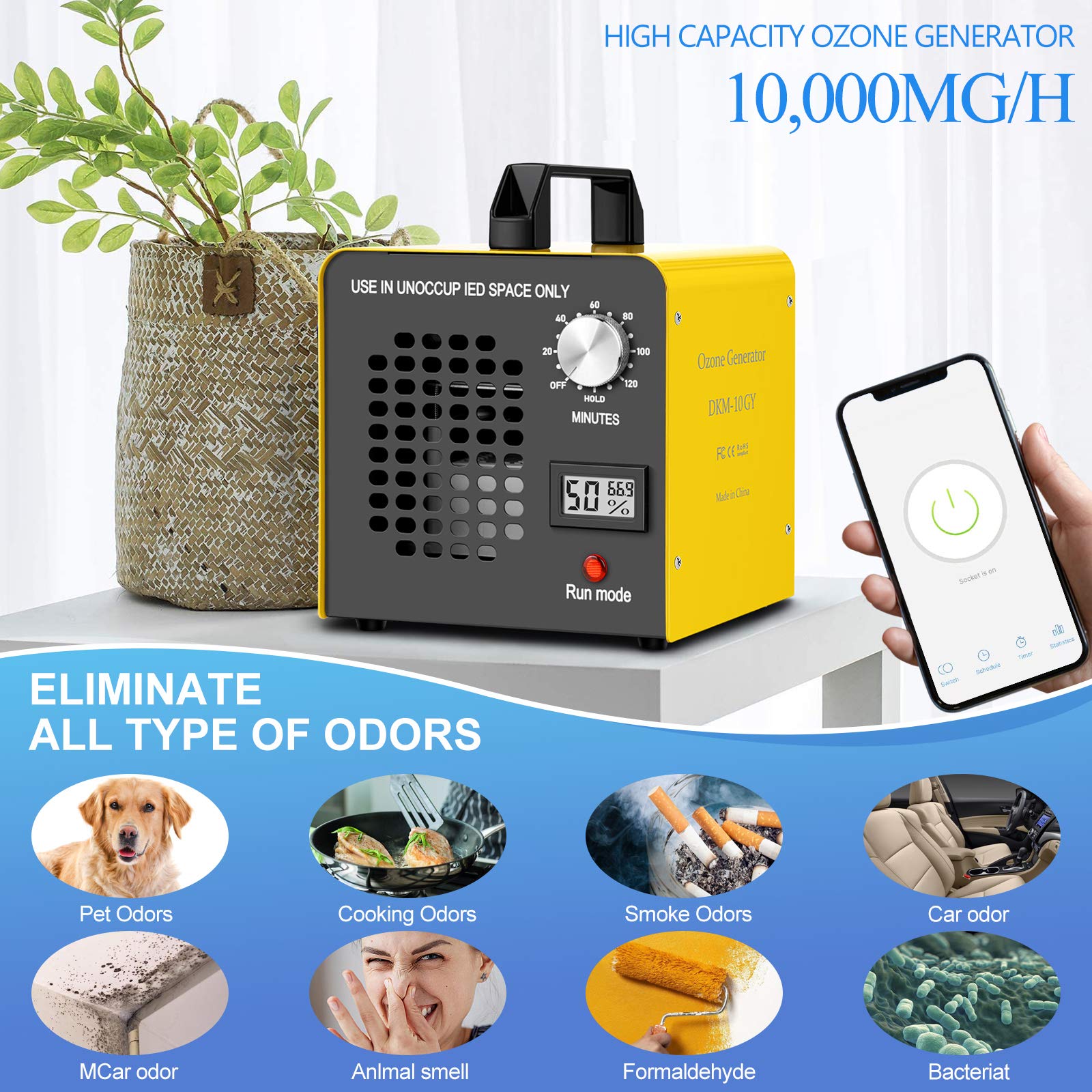 Commercial Ozone Generator 10000mg/h Remote Control Timing Ozone Machine Odor Eliminator Industrial O3 Ozone ionizer purifiers Deodorizer Ozonator for Rooms, Car, Home, auto, Smoke, Pets