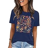 Women's T Shirts Graphic Tees Summer Tops Wildflower Floral Shirt Short Sleeve Casual Loose Fit Shirt