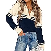 COCCKO Womens Long Sleeve V Neck Pullover Sweaters Casual Striped Knitted Sweater Jumper Tops