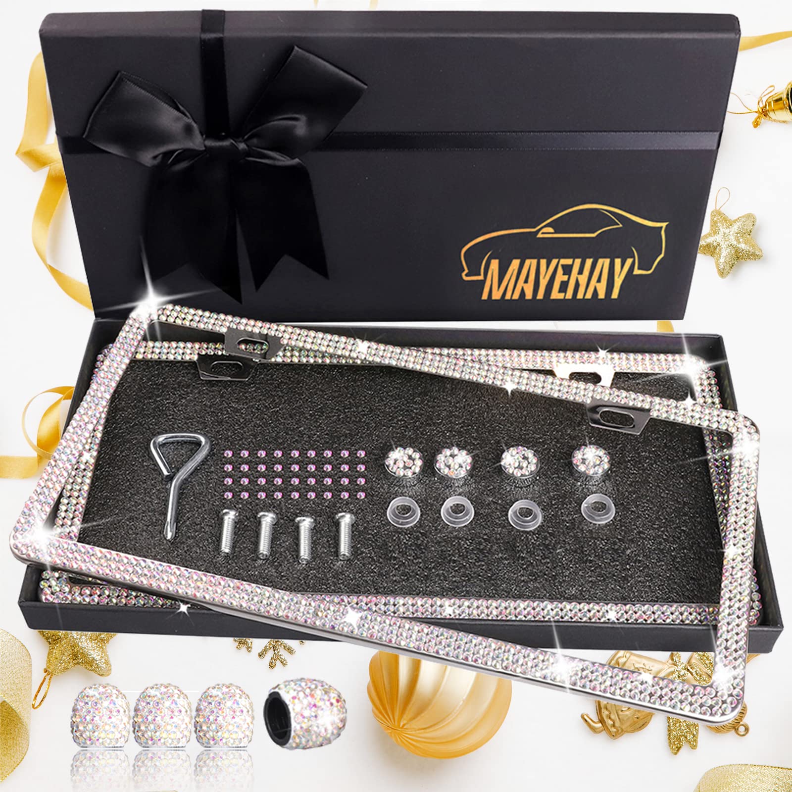 Photo 1 of Bling License Plate Frames 2 Packs Colourful Sparkly License Plate Frames for Women Diamond License Plate Frame Glitter License Plate Frame with Bling tire Valve Caps,Giftbox