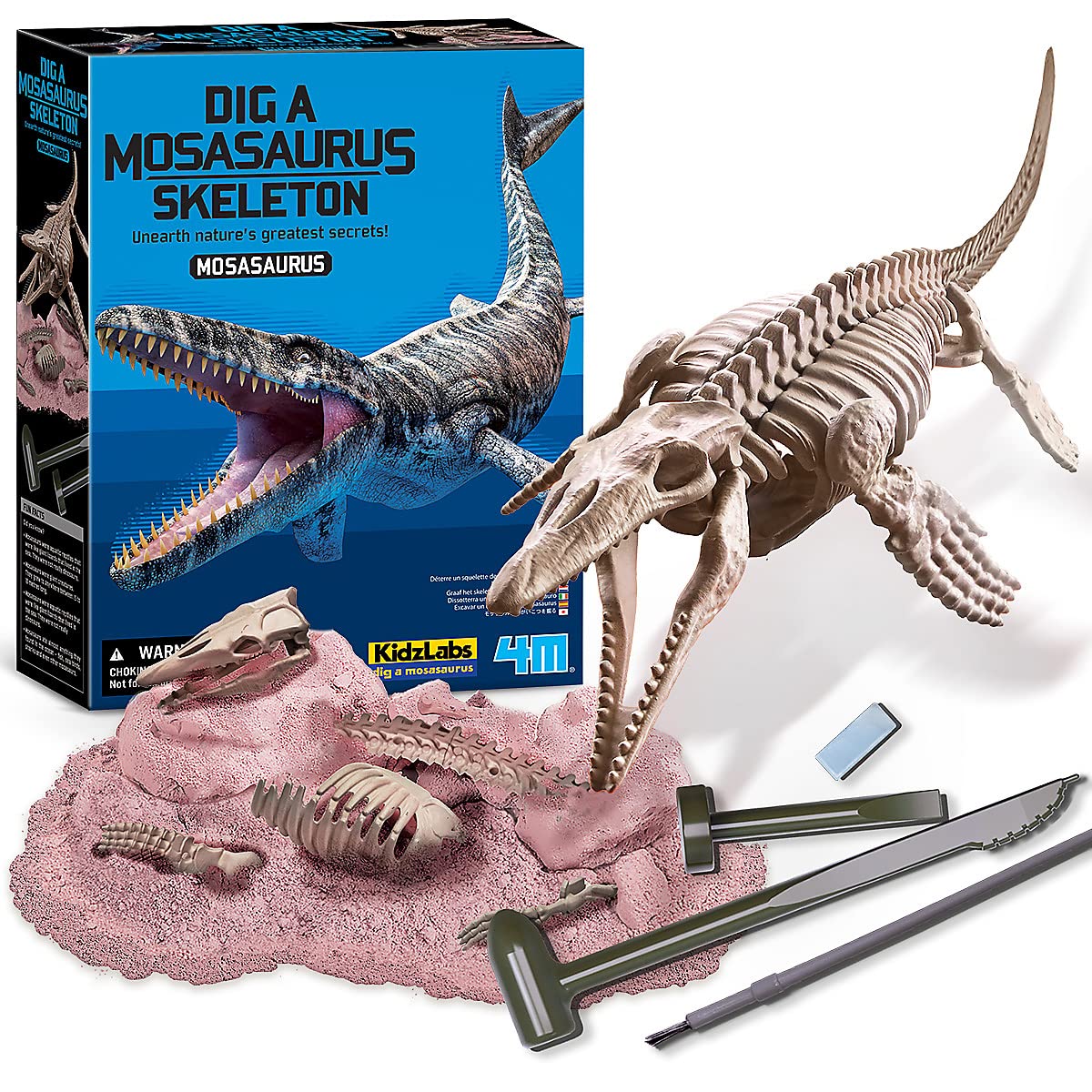 4M KidzLabs Dig A Mosasaurus Skeleton Kit for Kids | STEM Dinosaur Excavation Set with Plaster Block, Hammer, Chisel, Brush & Skeleton Model | Educational Gift for Boys & Girls Age 8+