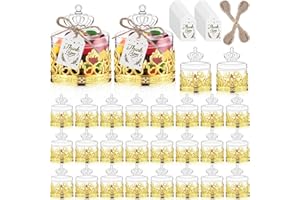 Jingmore 30 Sets Mini Crown Candy Boxes with Thank You Tags and Twine Plastic Candy Storage Boxes for Wedding Baby Shower Princess Birthday Party Supplies(Gold and Clear,Crown Style)