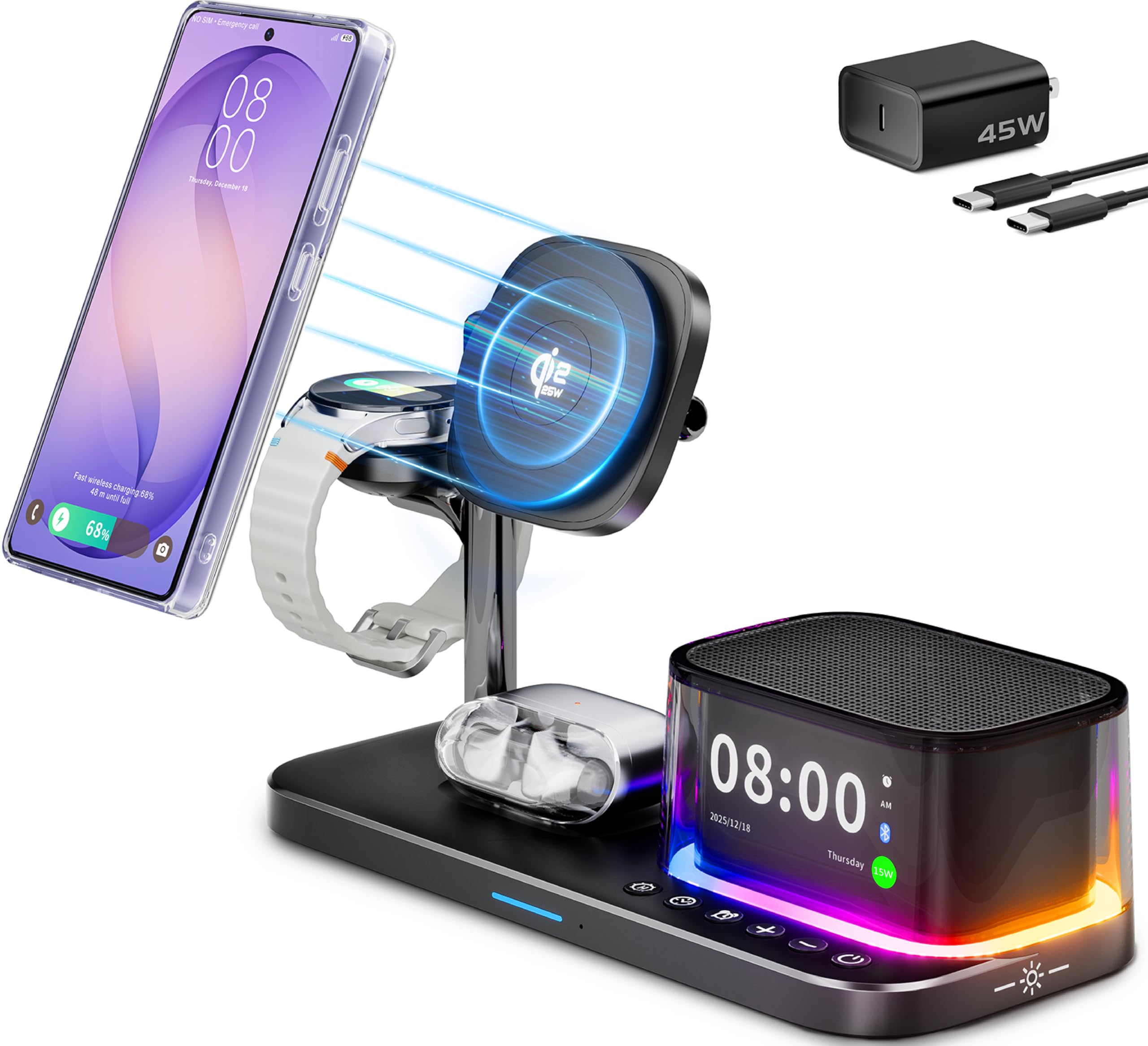 Qi2 Certified Magnetic Charging Station for Samsung, 6-in-1 Fast Mag-Safe Wireless Charger for S26 Ultra/S25 Ultra/Z Fold7,Alarm Clock/Night Light/Bluetooth Speaker,for Galaxy Watch Ultra 8/7/6,Buds