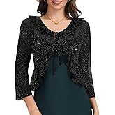 Women's Shrug Sheer Tie Front 3/4 Sleeve Bolero Shrugs Sparkly Lightweight Cropped Cardigan Cover Up for Evening Dress