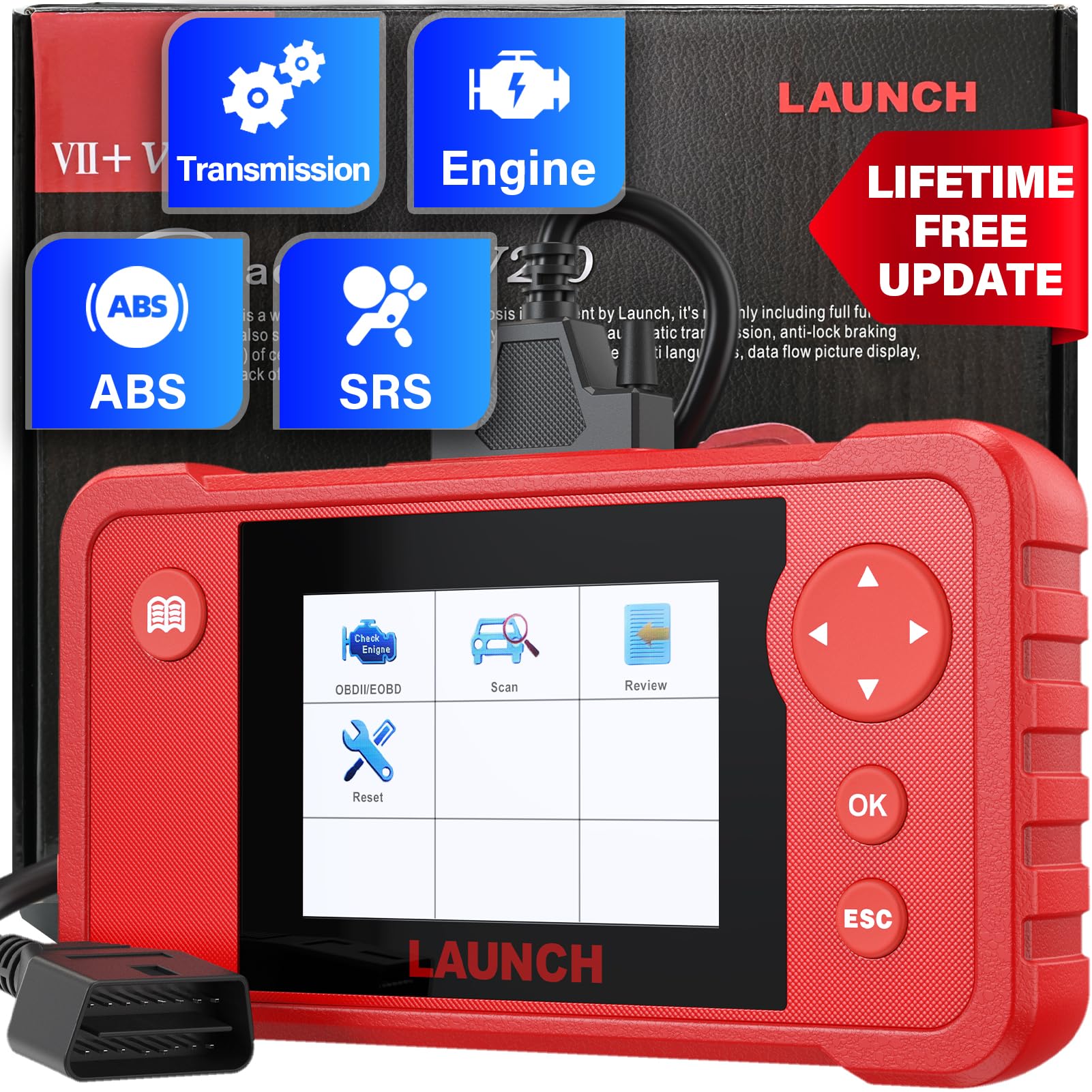 LAUNCH Diagnostic Tool Creader VII+ Car Code Reader EOBD, OBD2 Scanner Scan Tool Testing Engine/Transmission/ABS/ Airbag System Update via PC
