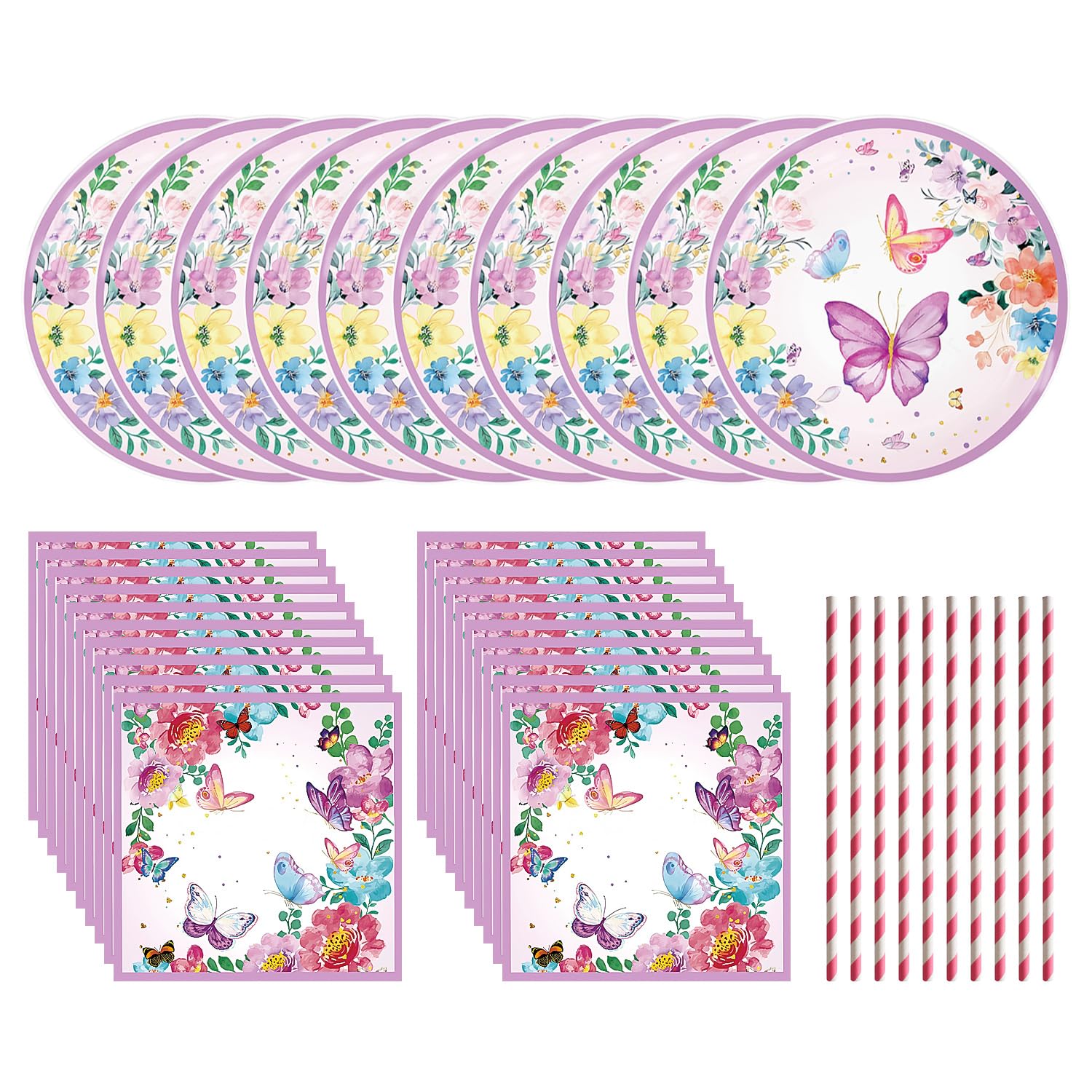40 Piece Butterfly Tableware Set, Paper Plates, Napkins, Straws, Butterfly Decorations For Birthdays, Butterfly Themed Party Decorations For Girls, Table Accessories