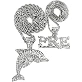 BLINGFACTORY Hip Hop Jewelry Iced Silver Plated PRE & DOLPHIN Pendant & 20" Box, 24" Cuban Chain 2 Necklace Set
