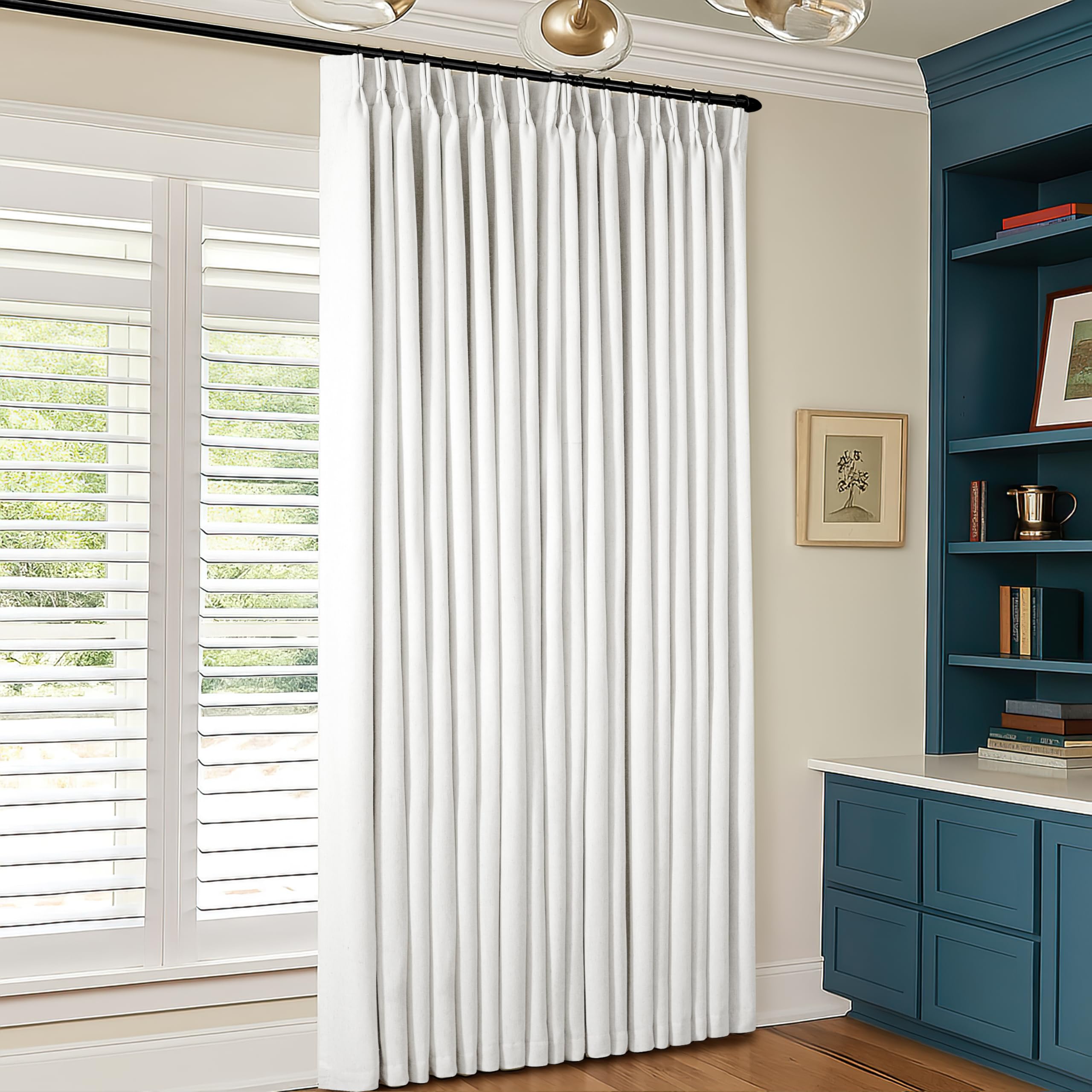 Photo 1 of 102 Inch 100% Blackout Linen Pleated Curtain 60 Inch Wide 1 Panel for Living Room Pinch Pleat Back Tab Black Out Drapes Memory Shape Heat Reducing 2 Layer Curtain Bedroom Sliding Door 102 Inches Long