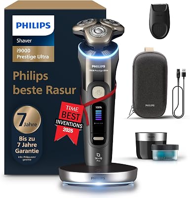 elektrischer Rasierer i9000 Prestige Ultra für Herren, Nass- und Trockenrasur, schwarz, Druck- und Bewegungssensor, Trimmeraufsatz, Reinigungsstation, Ladestation und Reiseetui (XP9405/31)