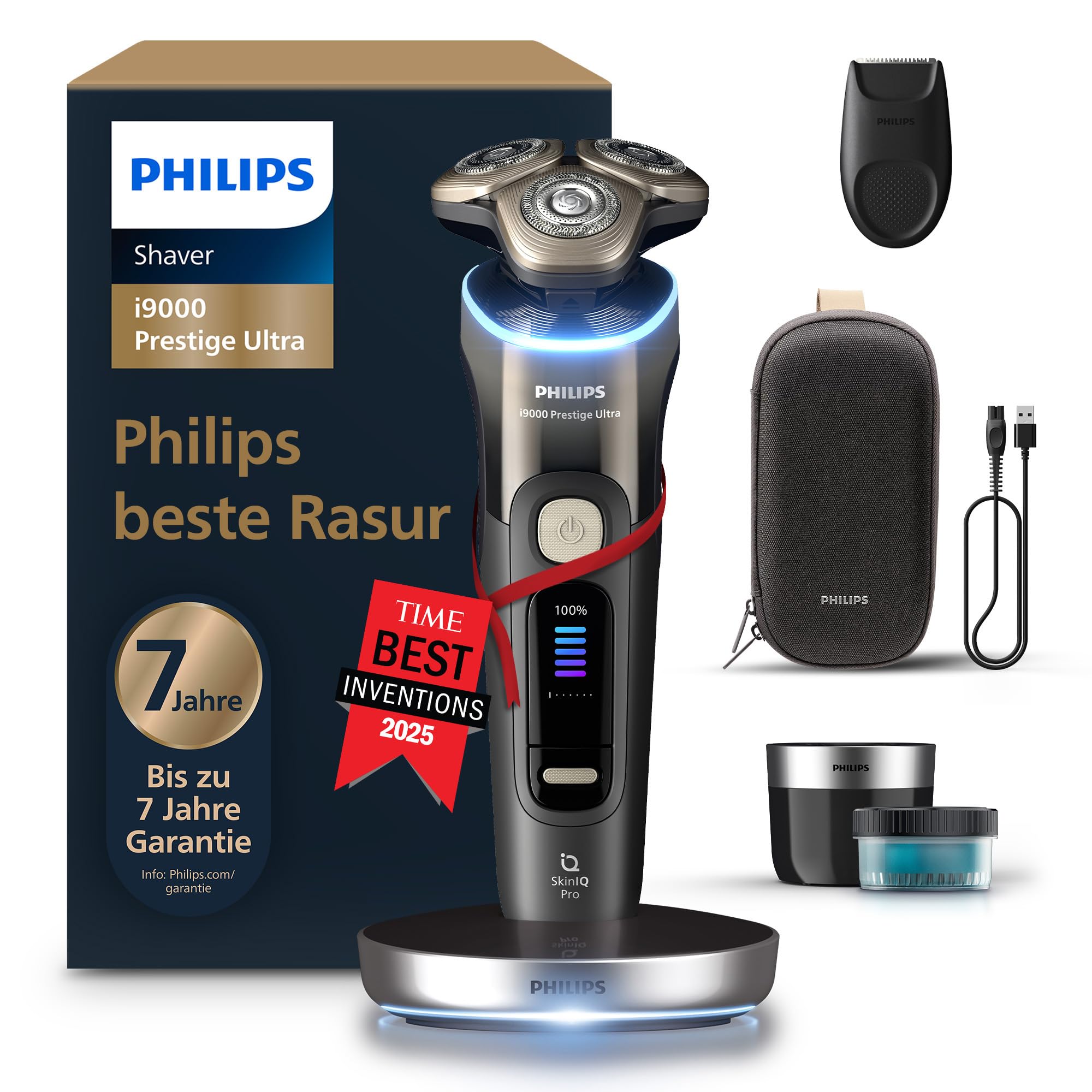 Philips elektrischer Rasierer i9000 Prestige Ultra für Herren, Nass- und Trockenrasur, schwarz, Druck- und Bewegungssensor, Trimmeraufsatz, Reinigungsstation, Ladestation und Reiseetui (XP9405/31)