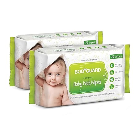 BodyGuard Premium Paraben Free Baby Wet Wipes with Aloe Vera - 72 Wipes (Pack of 2)