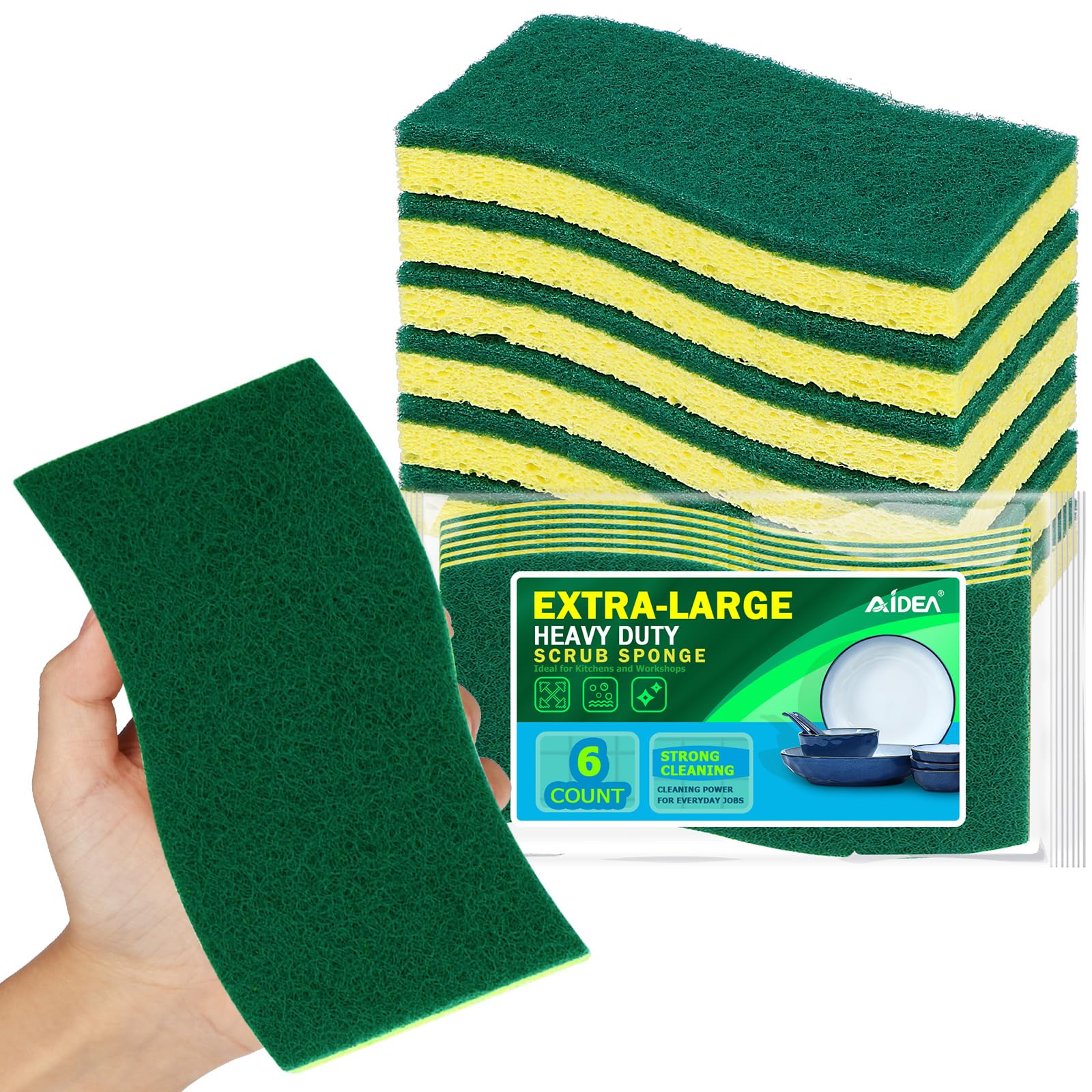 Photo 1 of AIDEA XL Scrub Sponges 6Count, Heavy Duty Sponges for Dishes, Extra Large Sponge for Cleaning Kitchen and Household, Heavy Duty Sponge Safe for Non-Coated Cookware, Cleaning Power for Bathroom, House