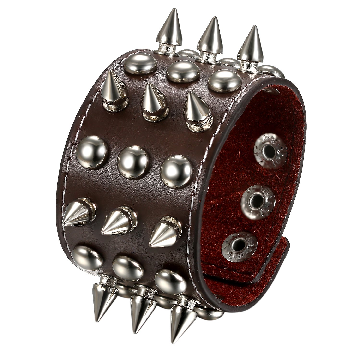 JewelryWe Rivet Punk Rock Bracelet Spike Studded Biker 42MM Strap Leather Neutral Brown Wristband Adjustable For Men Women