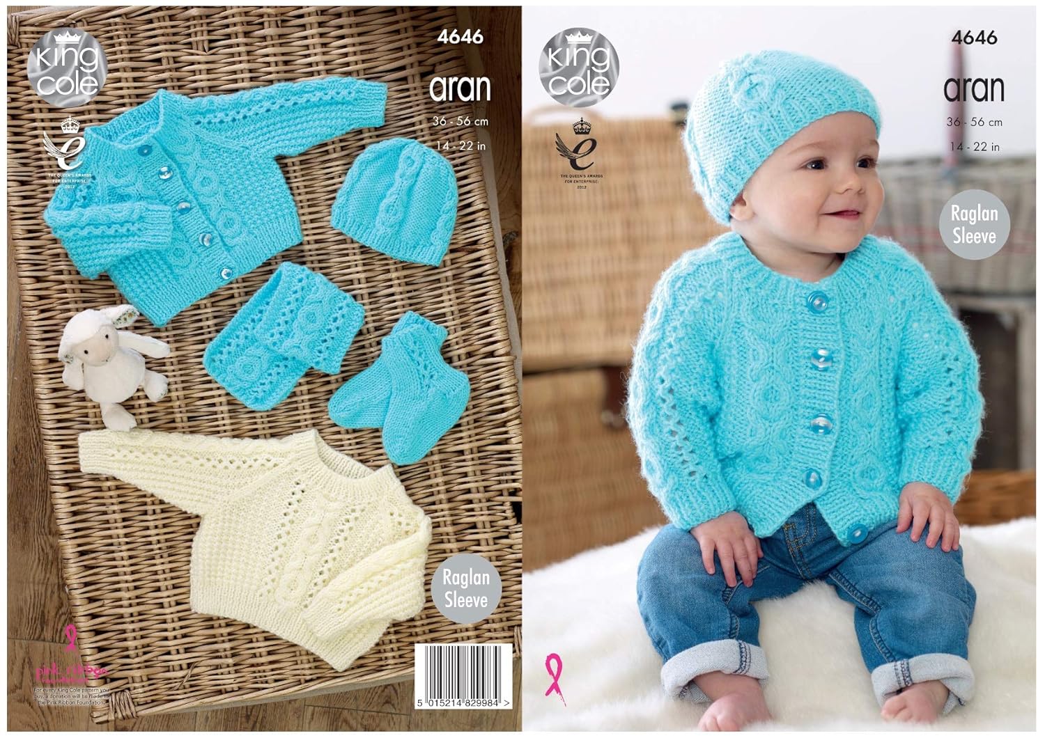 King Cole Baby Aran Knitting Pattern Raglan Sleeve Sweater Cardigan Hat Scarf Booties 4646