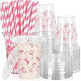 FYSUIMU 50Pcs Pink Bow Cowgirl Plastic Cups with Lids and Straws Cowgirl Boots Clear Plastic Cup 12oz Disposable Cup for Western Birthday Party Supplies