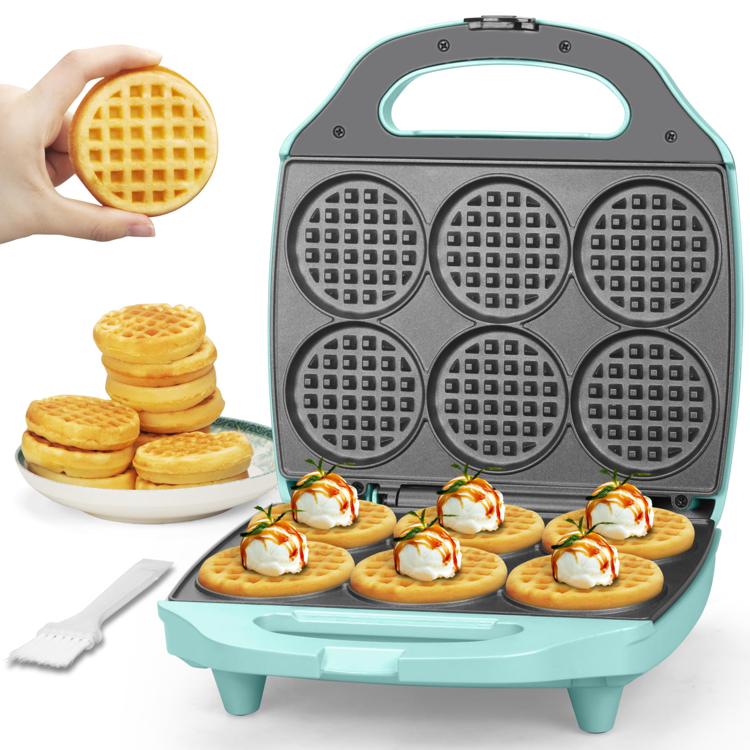 Photo 1 of Baker's Friend Multi Mini Waffle Maker Machine, 6 x 3'' Small Waffle Iron, Perfect for Families and Individuals Use, Excellent Choice for Breakfast Brunch Parties & Events, Aqua