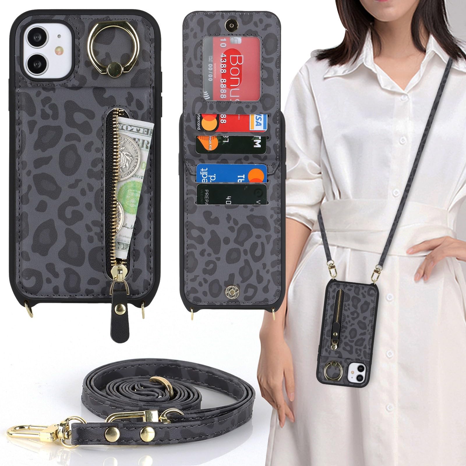Zouzt for iPhone 11 Case with Cord and Card Holde, Zipper Wallet Case with Crossbody Lanyard Ring Adjustable Necklace Protective Cover Women for iPhone 11 6.1 Inch - Black Leopard